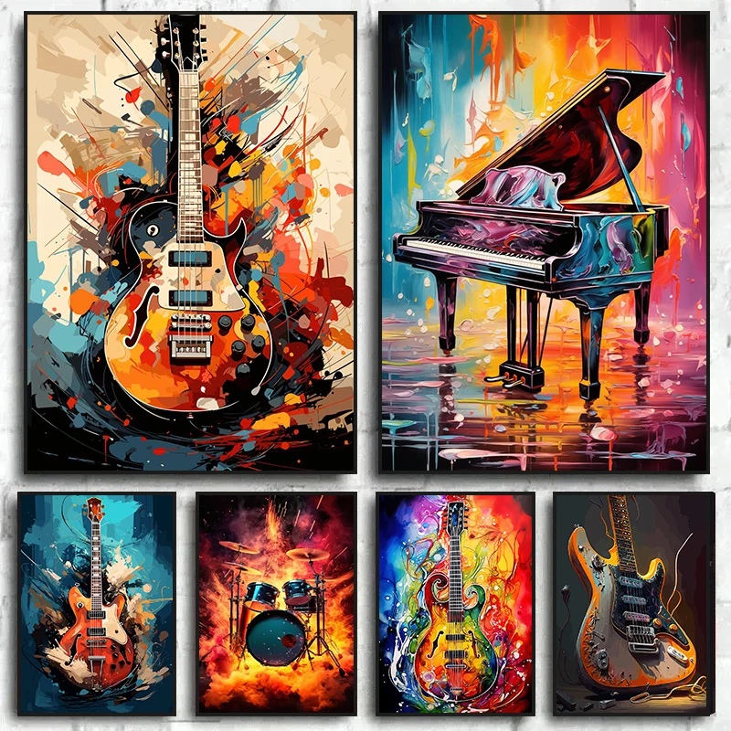 Musical Instrument Art - 抽象的なカラフルなアート楽器ドラムキットギターポスタープリントキャンバス絵画音楽壁アート画像ホームルームデコレーション
