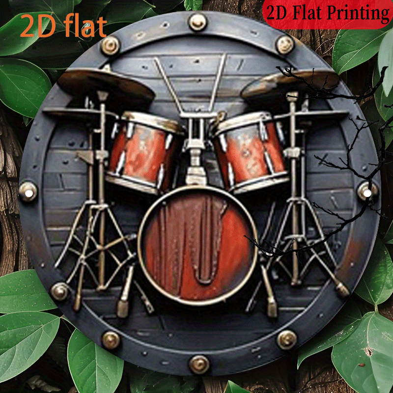 Musical Instrument Drum - 2D フラット、1個、20.32x20.32 cm 2D ラウンドアルミニウムサイン、ヴィンテージドラムバンド楽器メタルロックミュージックレトロプラーク、バンドをテーマにしたメタル