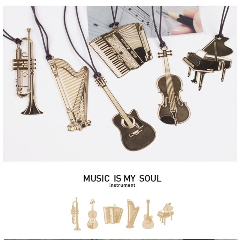 Musical Instrument Book - 6個音楽金属しおりゴールドカラー楽器ピアノバイオリンハープギターブックオフィス学校A6832